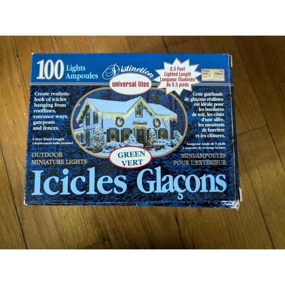 Vintage Universal Lites 100 Green Icicle Christmas Lights Untested Boxed